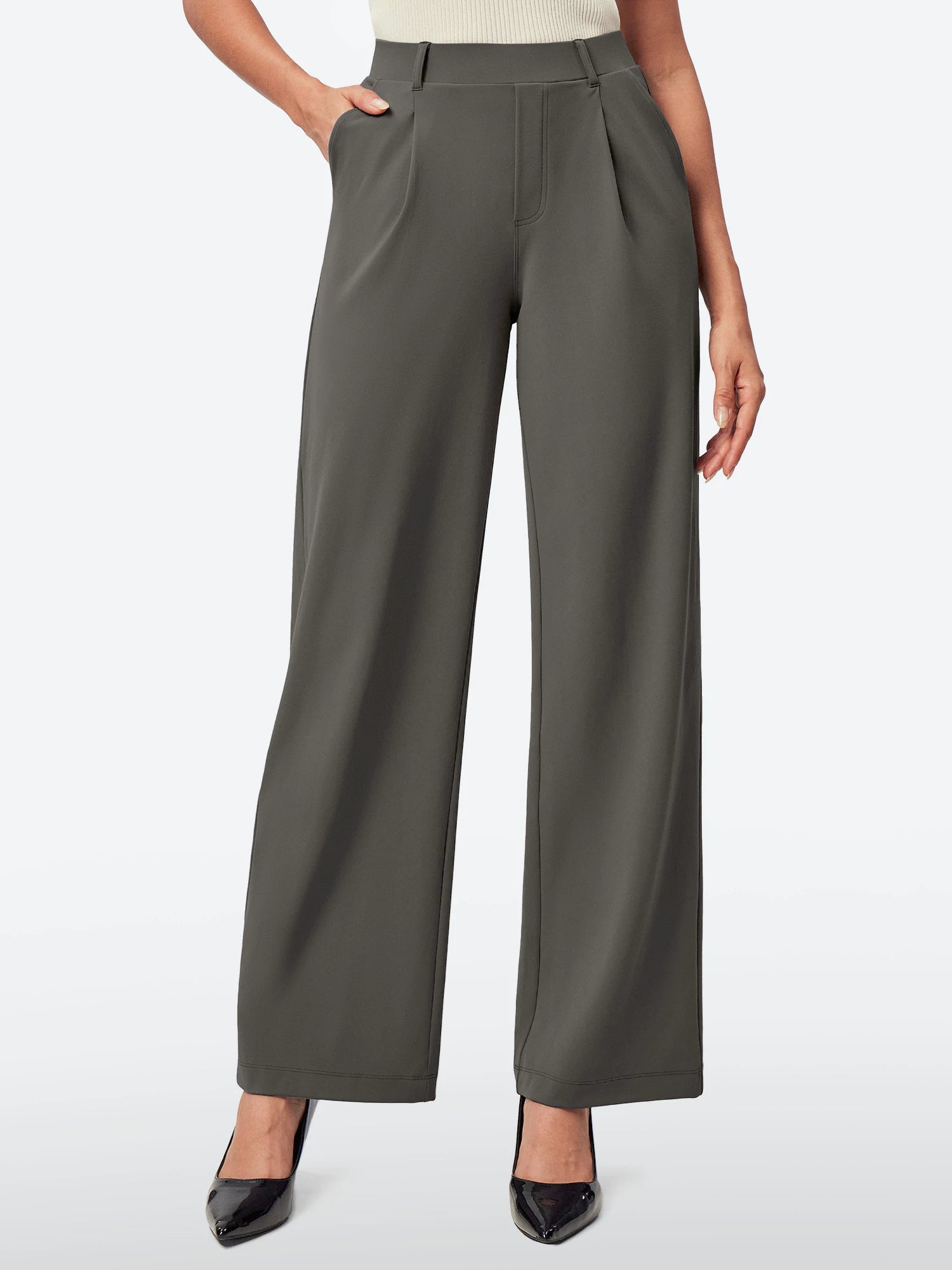 IUGA Wide Leg Pull On Stretchy Work Pants With Pockets