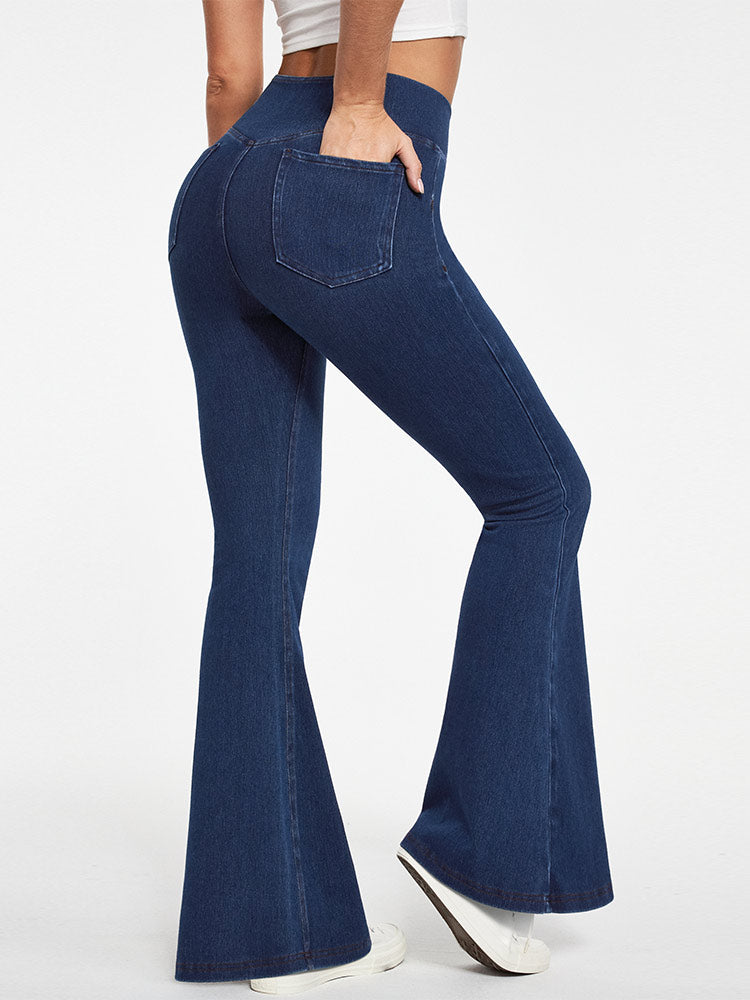 FlexDenim High Waist Crossover Flare Jeans for Women With Pockets