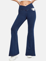 High Waist Crossover Flare Jeans Dark Blue